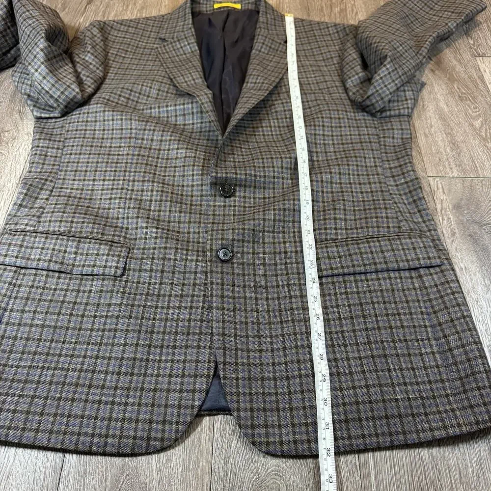 Hickey Freeman 46R Gingham Check Linen Wool Blend Blazer Sport Coat Brown Blue